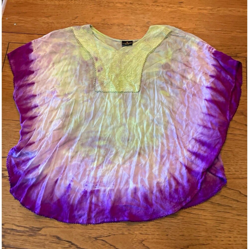 Sacred Threads Women's Purple Green Tie-Dye Embroidered V-Neck Top One Size